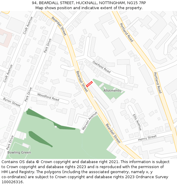 94, BEARDALL STREET, HUCKNALL, NOTTINGHAM, NG15 7RP: Location map and indicative extent of plot