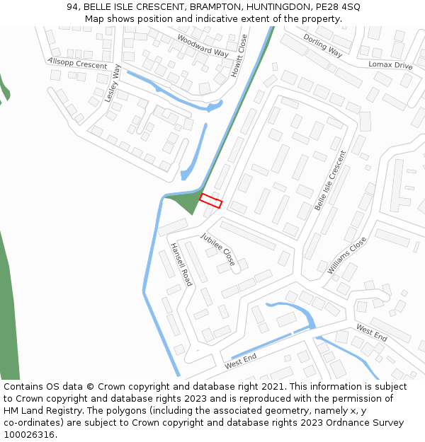 94, BELLE ISLE CRESCENT, BRAMPTON, HUNTINGDON, PE28 4SQ: Location map and indicative extent of plot