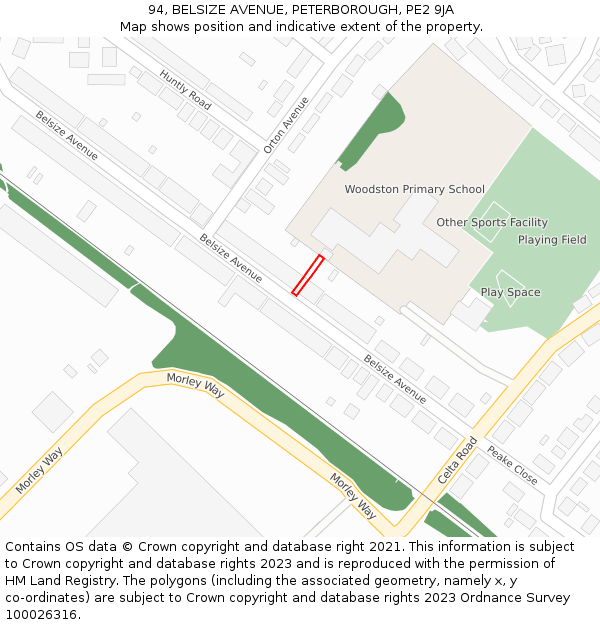 94, BELSIZE AVENUE, PETERBOROUGH, PE2 9JA: Location map and indicative extent of plot