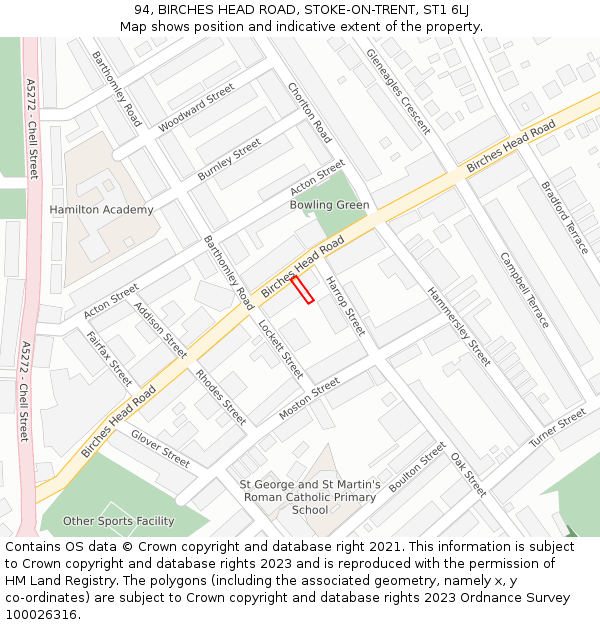 94, BIRCHES HEAD ROAD, STOKE-ON-TRENT, ST1 6LJ: Location map and indicative extent of plot