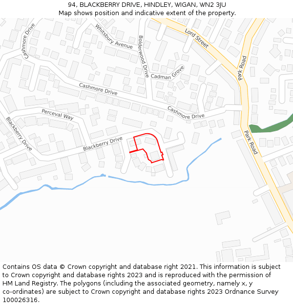 94, BLACKBERRY DRIVE, HINDLEY, WIGAN, WN2 3JU: Location map and indicative extent of plot
