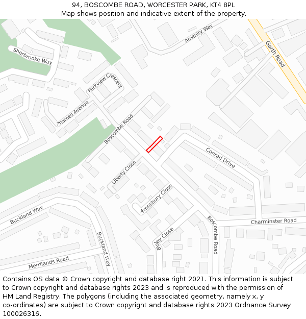 94, BOSCOMBE ROAD, WORCESTER PARK, KT4 8PL: Location map and indicative extent of plot