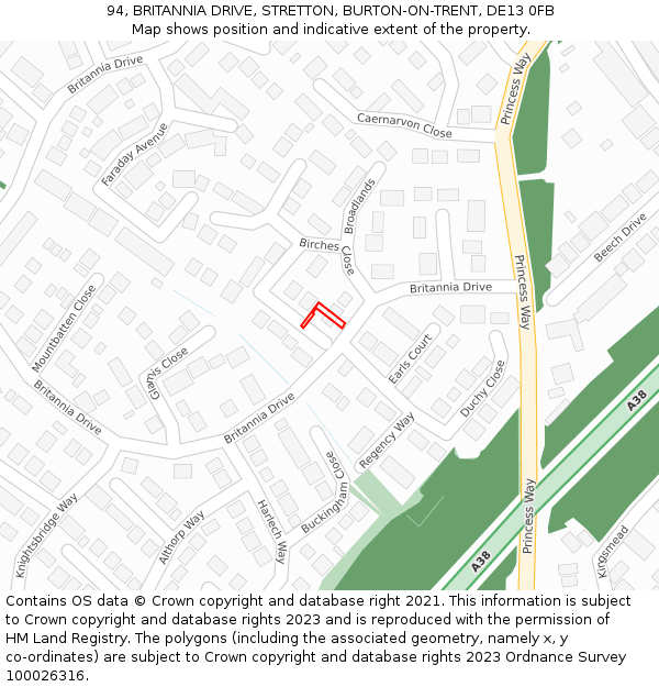 94, BRITANNIA DRIVE, STRETTON, BURTON-ON-TRENT, DE13 0FB: Location map and indicative extent of plot