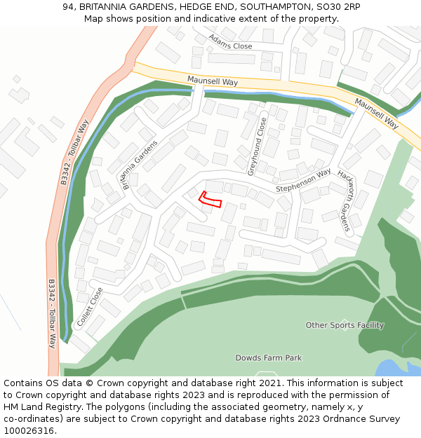 94, BRITANNIA GARDENS, HEDGE END, SOUTHAMPTON, SO30 2RP: Location map and indicative extent of plot