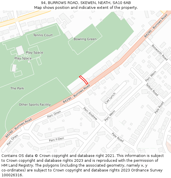 94, BURROWS ROAD, SKEWEN, NEATH, SA10 6AB: Location map and indicative extent of plot