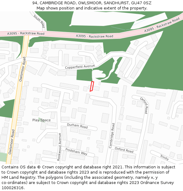 94, CAMBRIDGE ROAD, OWLSMOOR, SANDHURST, GU47 0SZ: Location map and indicative extent of plot