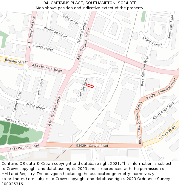 94, CAPTAINS PLACE, SOUTHAMPTON, SO14 3TF: Location map and indicative extent of plot