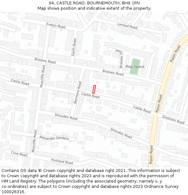 94, CASTLE ROAD, BOURNEMOUTH, BH9 1PN: Location map and indicative extent of plot