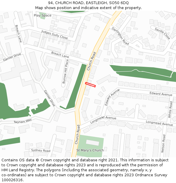 94, CHURCH ROAD, EASTLEIGH, SO50 6DQ: Location map and indicative extent of plot
