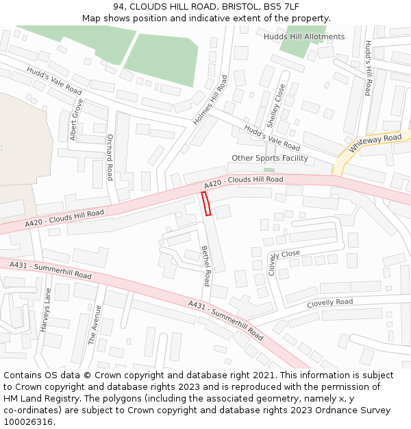 94, CLOUDS HILL ROAD, BRISTOL, BS5 7LF: Location map and indicative extent of plot