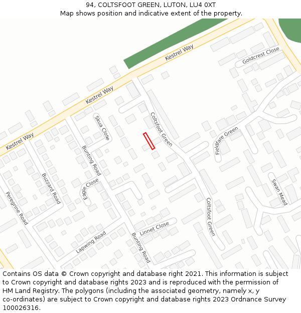 94, COLTSFOOT GREEN, LUTON, LU4 0XT: Location map and indicative extent of plot