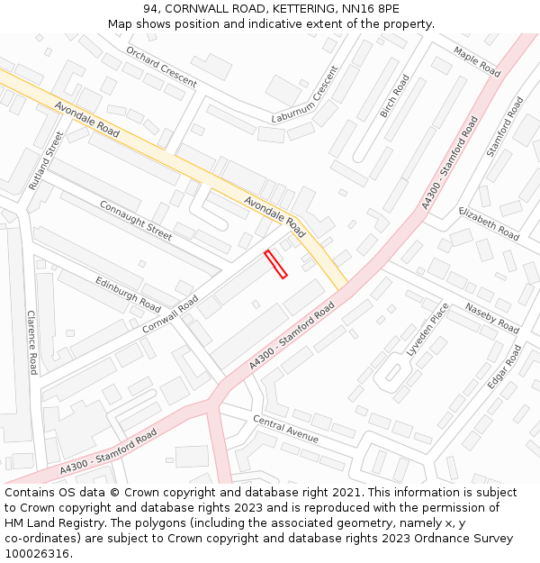 94, CORNWALL ROAD, KETTERING, NN16 8PE: Location map and indicative extent of plot
