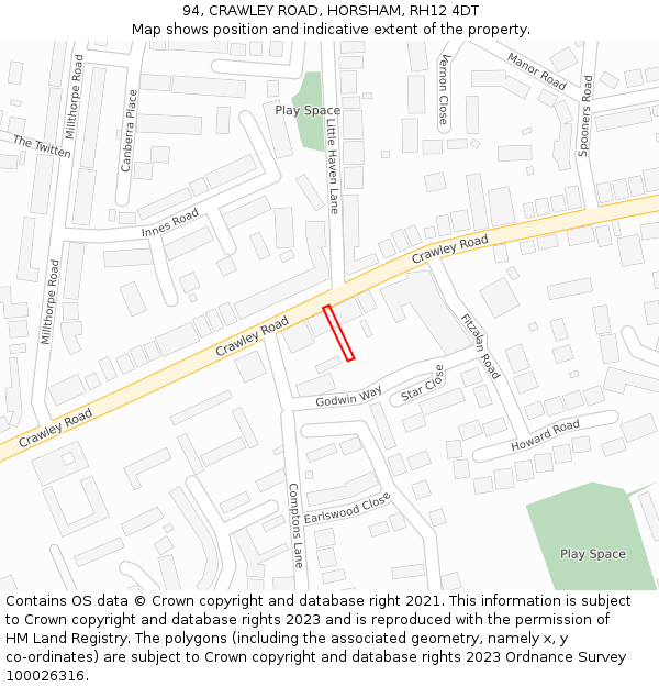 94, CRAWLEY ROAD, HORSHAM, RH12 4DT: Location map and indicative extent of plot