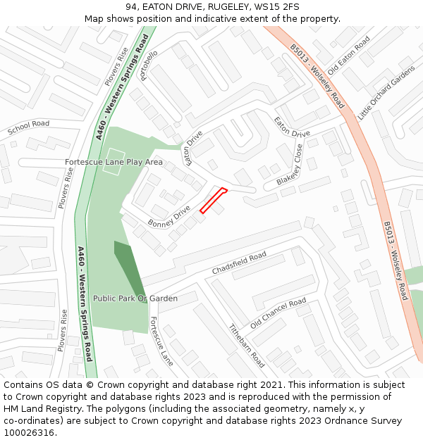 94, EATON DRIVE, RUGELEY, WS15 2FS: Location map and indicative extent of plot