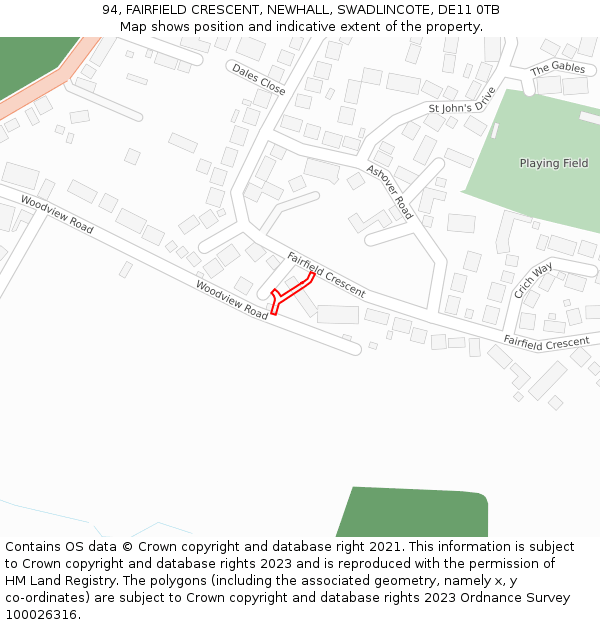 94, FAIRFIELD CRESCENT, NEWHALL, SWADLINCOTE, DE11 0TB: Location map and indicative extent of plot