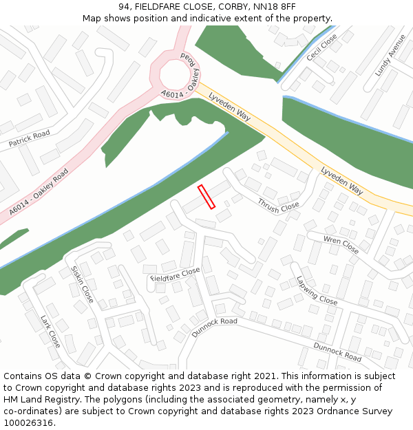 94, FIELDFARE CLOSE, CORBY, NN18 8FF: Location map and indicative extent of plot