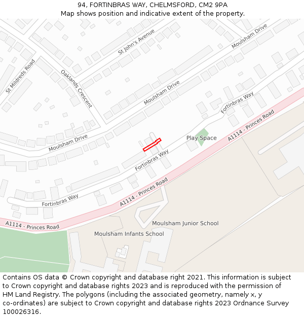 94, FORTINBRAS WAY, CHELMSFORD, CM2 9PA: Location map and indicative extent of plot