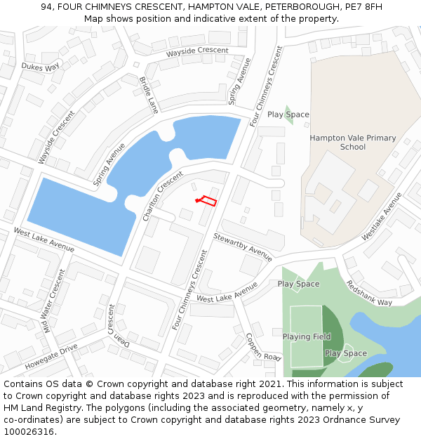 94, FOUR CHIMNEYS CRESCENT, HAMPTON VALE, PETERBOROUGH, PE7 8FH: Location map and indicative extent of plot