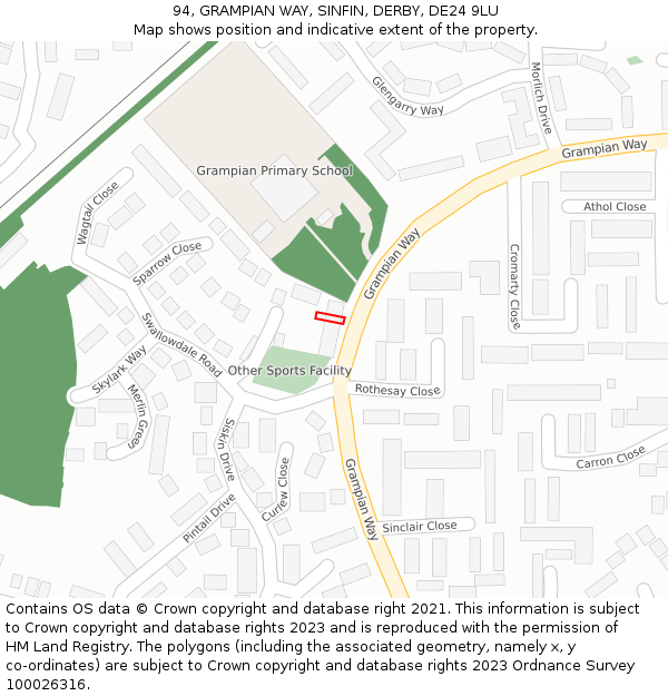 94, GRAMPIAN WAY, SINFIN, DERBY, DE24 9LU: Location map and indicative extent of plot