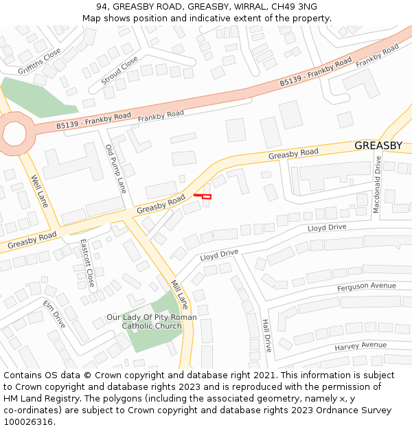 94, GREASBY ROAD, GREASBY, WIRRAL, CH49 3NG: Location map and indicative extent of plot