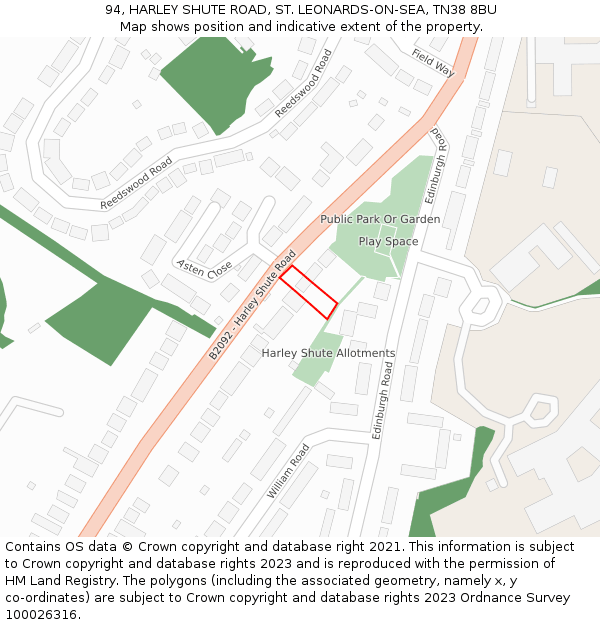 94, HARLEY SHUTE ROAD, ST. LEONARDS-ON-SEA, TN38 8BU: Location map and indicative extent of plot