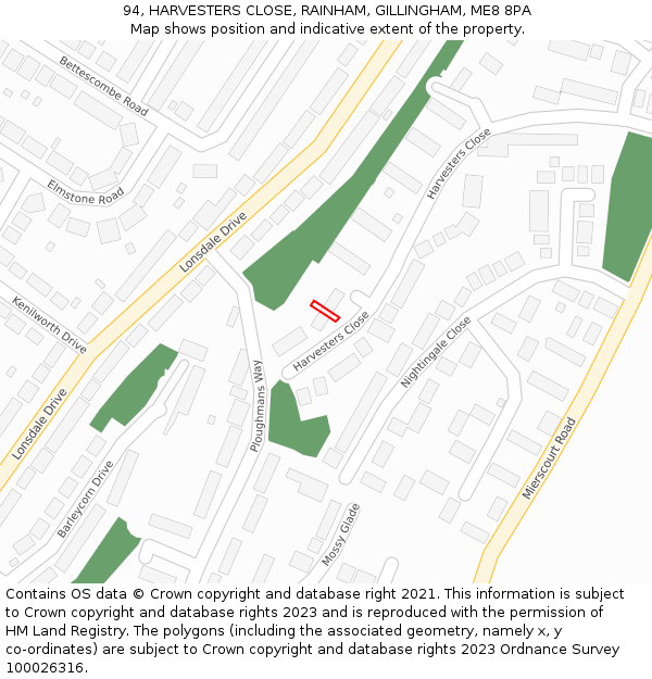 94, HARVESTERS CLOSE, RAINHAM, GILLINGHAM, ME8 8PA: Location map and indicative extent of plot