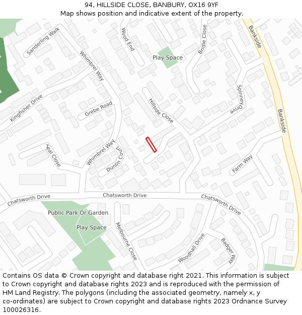 94, HILLSIDE CLOSE, BANBURY, OX16 9YF: Location map and indicative extent of plot