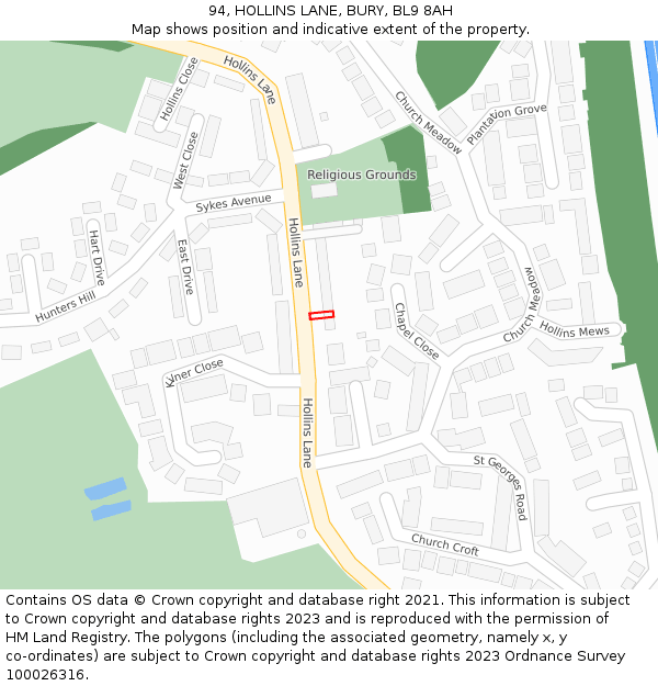 94, HOLLINS LANE, BURY, BL9 8AH: Location map and indicative extent of plot
