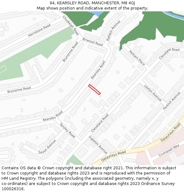 94, KEARSLEY ROAD, MANCHESTER, M8 4GJ: Location map and indicative extent of plot