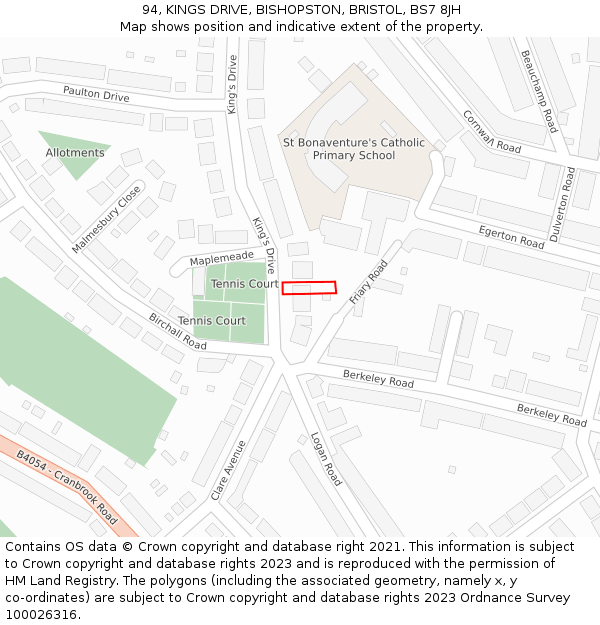 94, KINGS DRIVE, BISHOPSTON, BRISTOL, BS7 8JH: Location map and indicative extent of plot