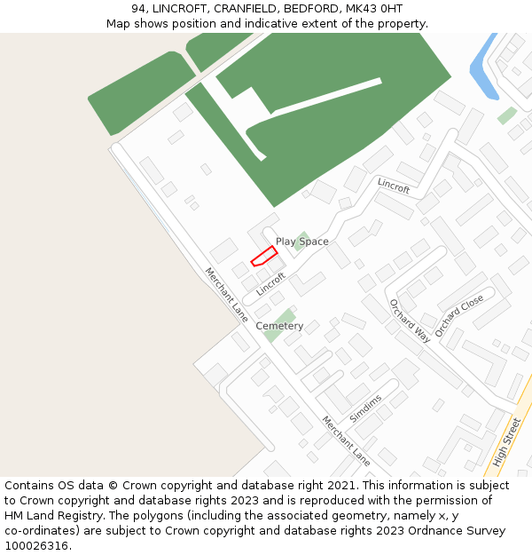 94, LINCROFT, CRANFIELD, BEDFORD, MK43 0HT: Location map and indicative extent of plot