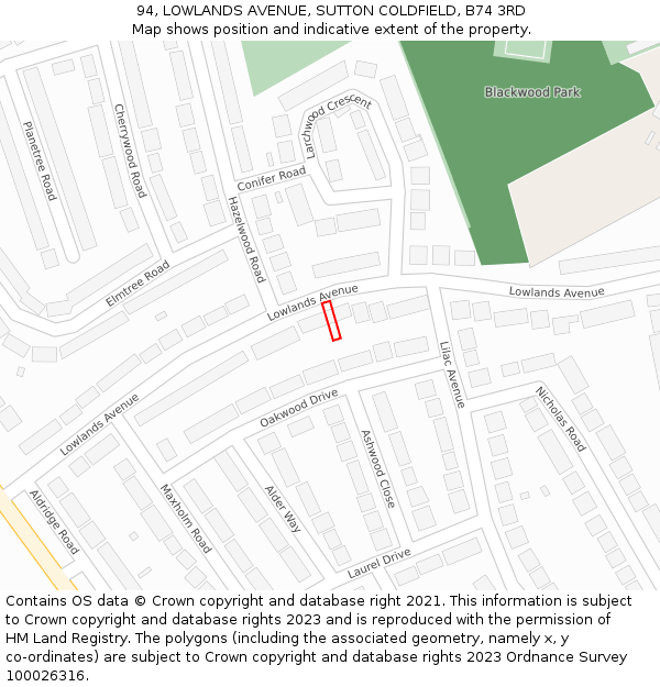 94, LOWLANDS AVENUE, SUTTON COLDFIELD, B74 3RD: Location map and indicative extent of plot