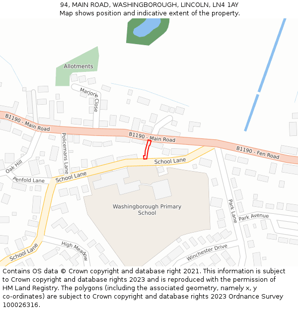 94, MAIN ROAD, WASHINGBOROUGH, LINCOLN, LN4 1AY: Location map and indicative extent of plot