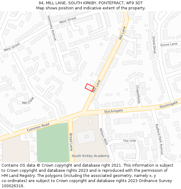 94, MILL LANE, SOUTH KIRKBY, PONTEFRACT, WF9 3DT: Location map and indicative extent of plot