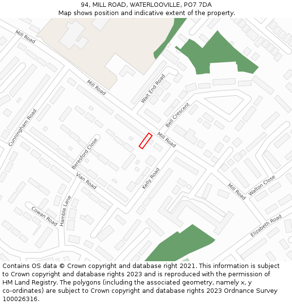94, MILL ROAD, WATERLOOVILLE, PO7 7DA: Location map and indicative extent of plot