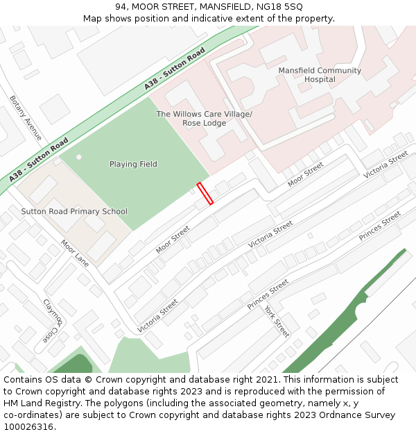 94, MOOR STREET, MANSFIELD, NG18 5SQ: Location map and indicative extent of plot