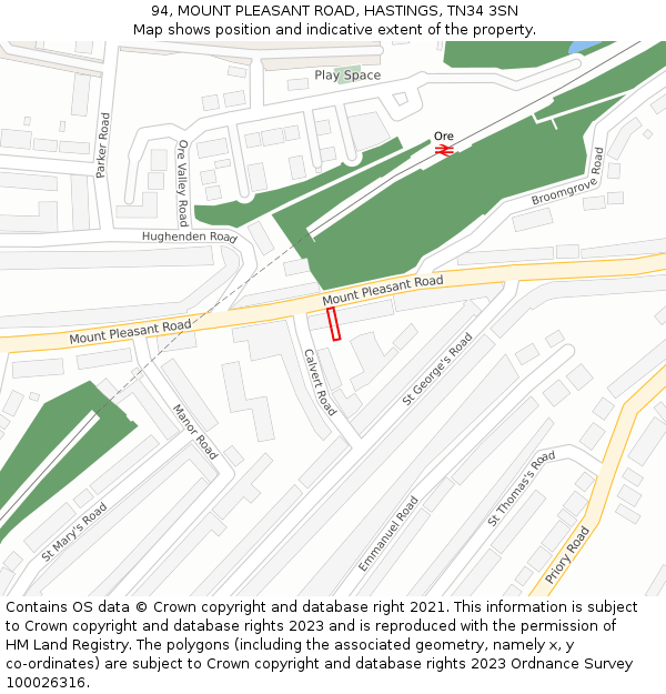 94, MOUNT PLEASANT ROAD, HASTINGS, TN34 3SN: Location map and indicative extent of plot