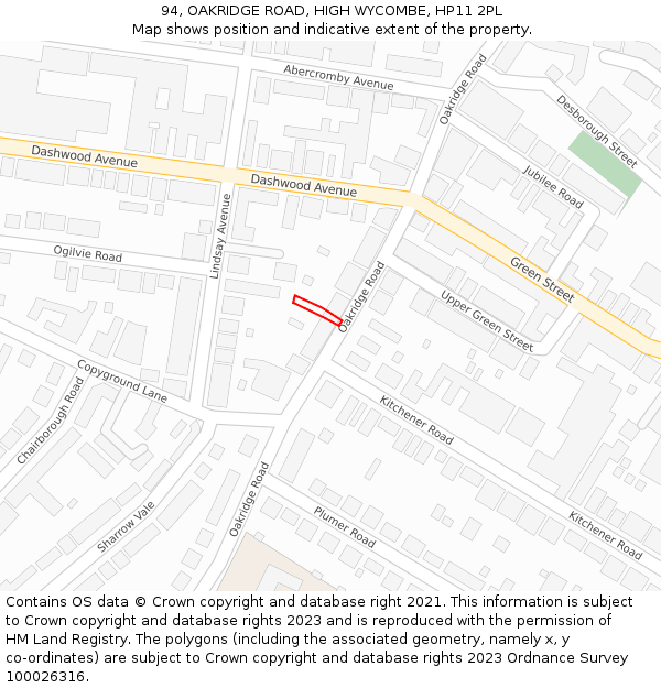 94, OAKRIDGE ROAD, HIGH WYCOMBE, HP11 2PL: Location map and indicative extent of plot