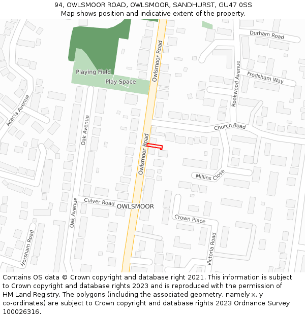 94, OWLSMOOR ROAD, OWLSMOOR, SANDHURST, GU47 0SS: Location map and indicative extent of plot