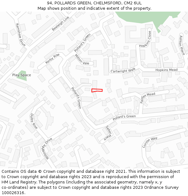 94, POLLARDS GREEN, CHELMSFORD, CM2 6UL: Location map and indicative extent of plot