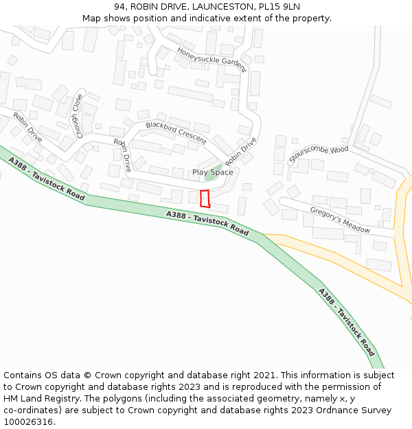 94, ROBIN DRIVE, LAUNCESTON, PL15 9LN: Location map and indicative extent of plot