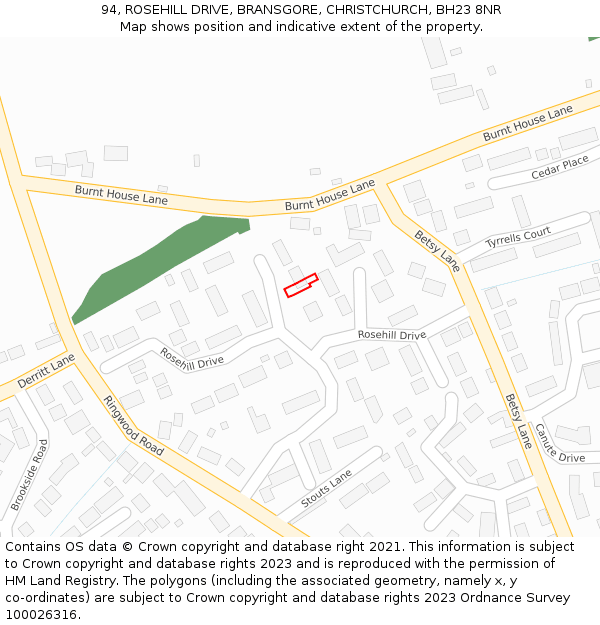 94, ROSEHILL DRIVE, BRANSGORE, CHRISTCHURCH, BH23 8NR: Location map and indicative extent of plot