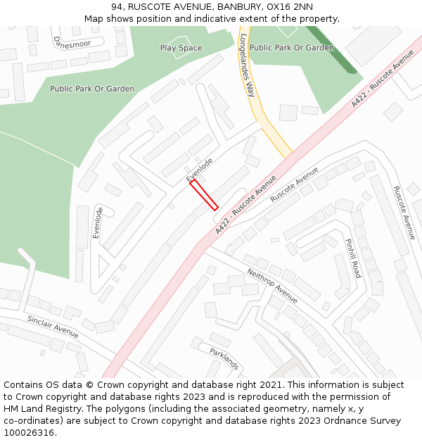 94, RUSCOTE AVENUE, BANBURY, OX16 2NN: Location map and indicative extent of plot