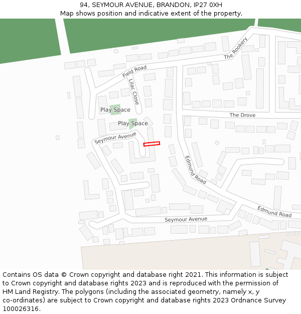 94, SEYMOUR AVENUE, BRANDON, IP27 0XH: Location map and indicative extent of plot