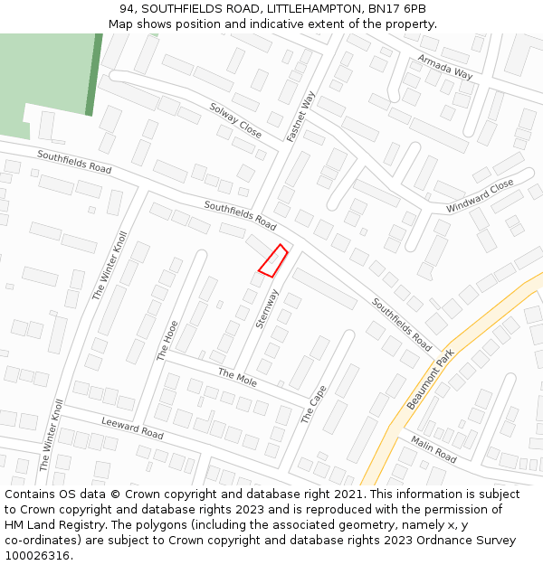 94, SOUTHFIELDS ROAD, LITTLEHAMPTON, BN17 6PB: Location map and indicative extent of plot