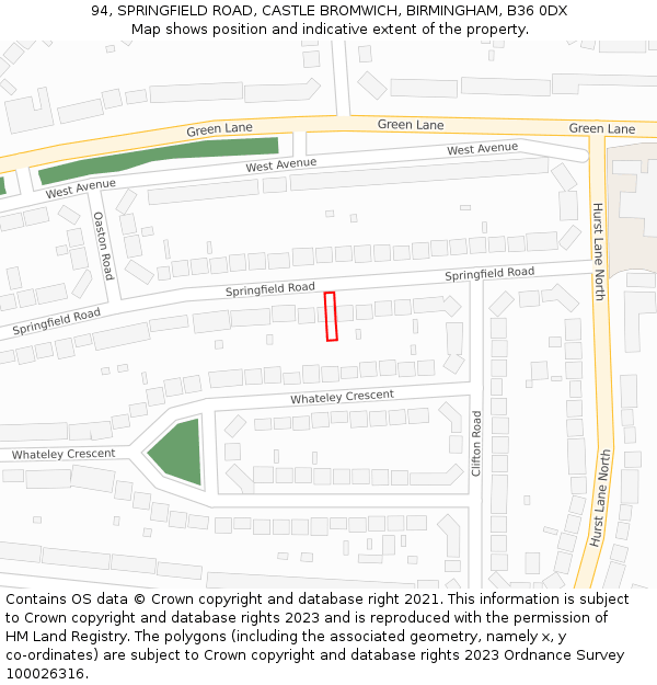 94, SPRINGFIELD ROAD, CASTLE BROMWICH, BIRMINGHAM, B36 0DX: Location map and indicative extent of plot