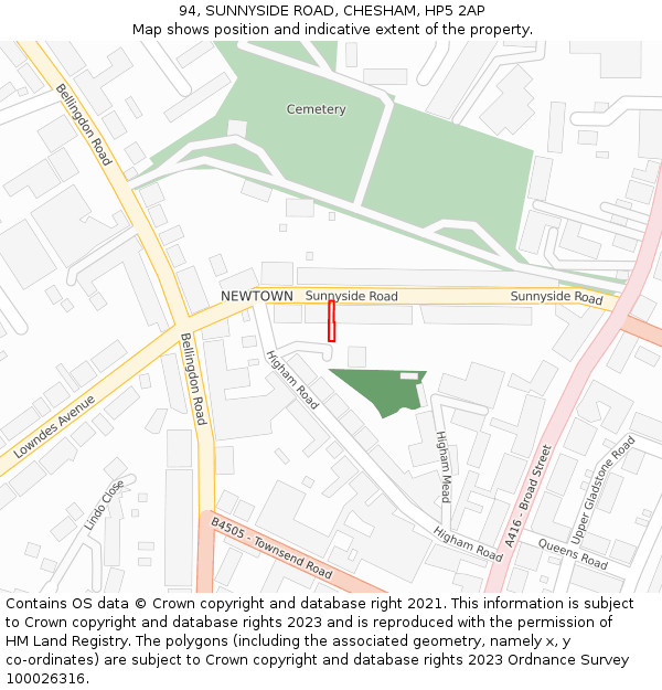 94, SUNNYSIDE ROAD, CHESHAM, HP5 2AP: Location map and indicative extent of plot