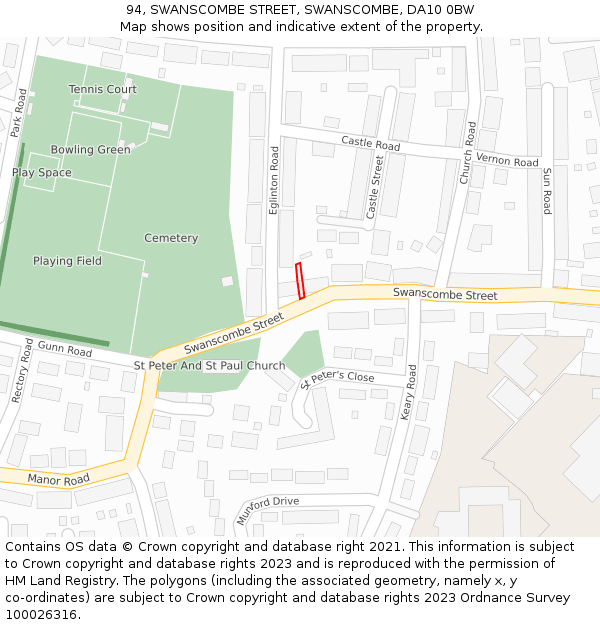 94, SWANSCOMBE STREET, SWANSCOMBE, DA10 0BW: Location map and indicative extent of plot