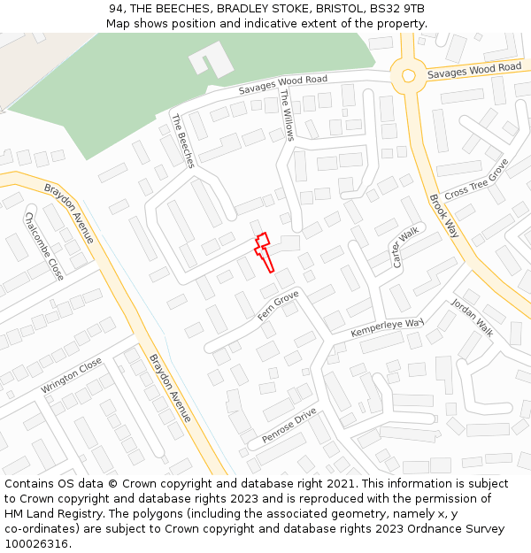 94, THE BEECHES, BRADLEY STOKE, BRISTOL, BS32 9TB: Location map and indicative extent of plot