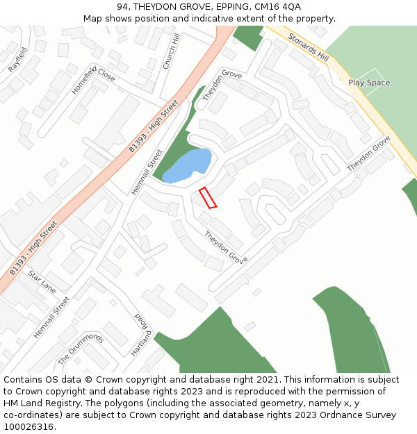94, THEYDON GROVE, EPPING, CM16 4QA: Location map and indicative extent of plot